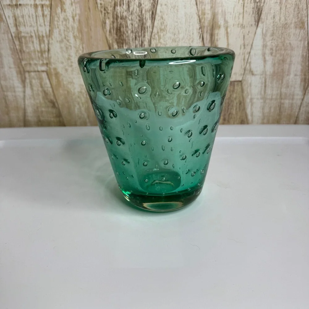 Vintage Green Hand Blown Bubble Glass Vase Heavy Bullicante Art Glass 6